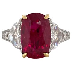 Bague à trois pierres en or jaune 18 carats et platine avec rubis et diamants certifiés GIA
