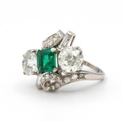 Three Stone Green Emerald and Diamonds Platinum Ring