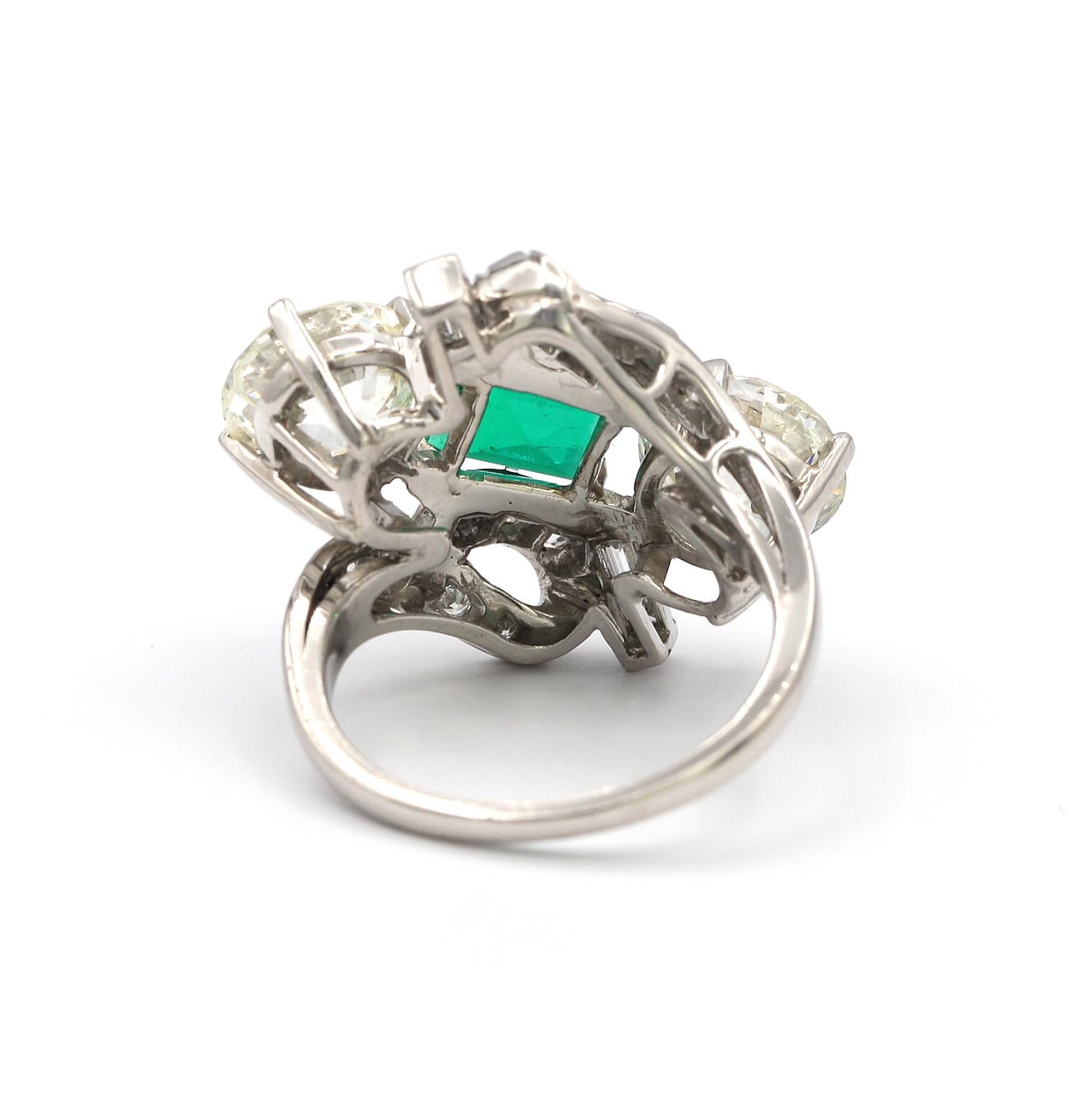 Retro Three Stone Green Emerald and Diamonds Platinum Ring For Sale