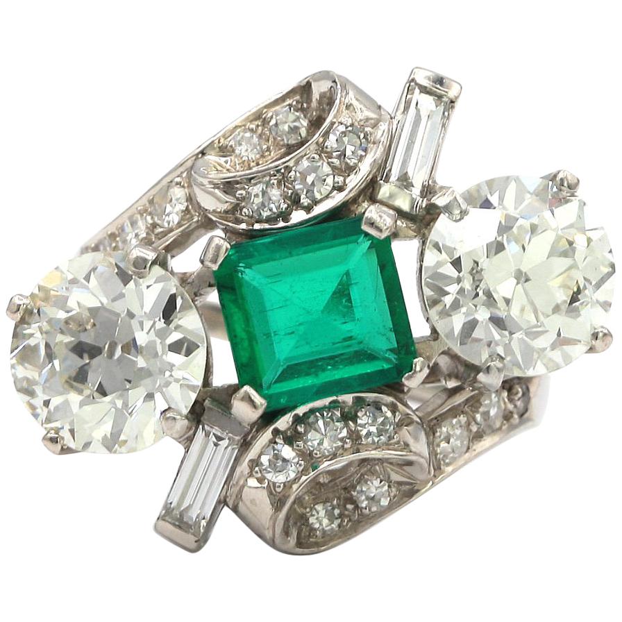 Three Stone Green Emerald and Diamonds Platinum Ring For Sale