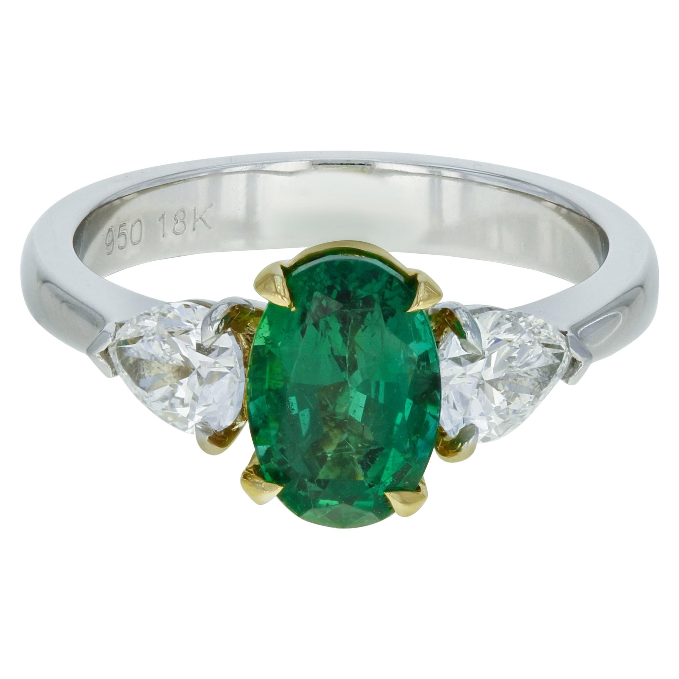 Three-Stone Green Emerald Diamond Engagement Ring Platinum 18 Karat Yellow