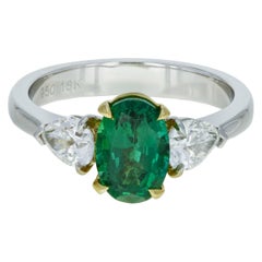 Three-Stone Green Emerald Diamond Engagement Ring Platinum 18 Karat Yellow