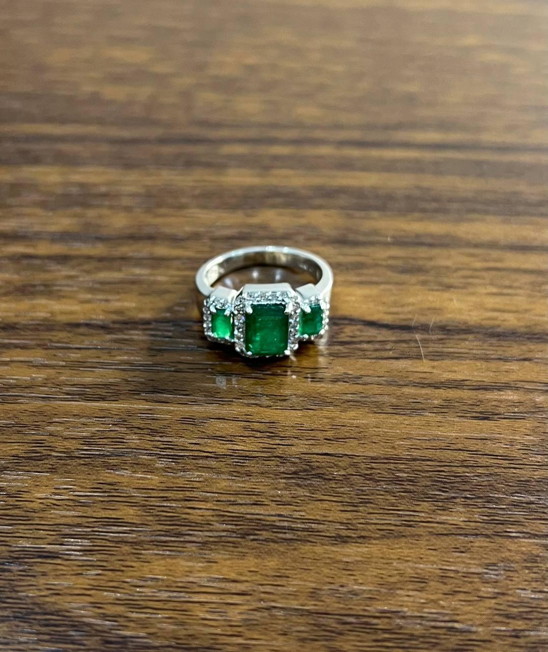 Three Stone Green Emerald & Diamond Halo 14K White Gold Classic Statement Ring In New Condition For Sale In Oakton, VA