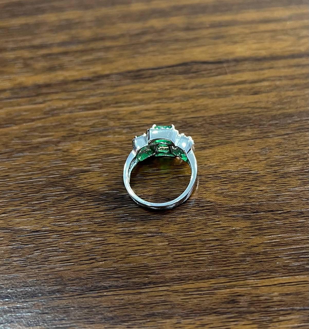 Three Stone Green Emerald & Diamond Halo 14K White Gold Classic Statement Ring For Sale 1
