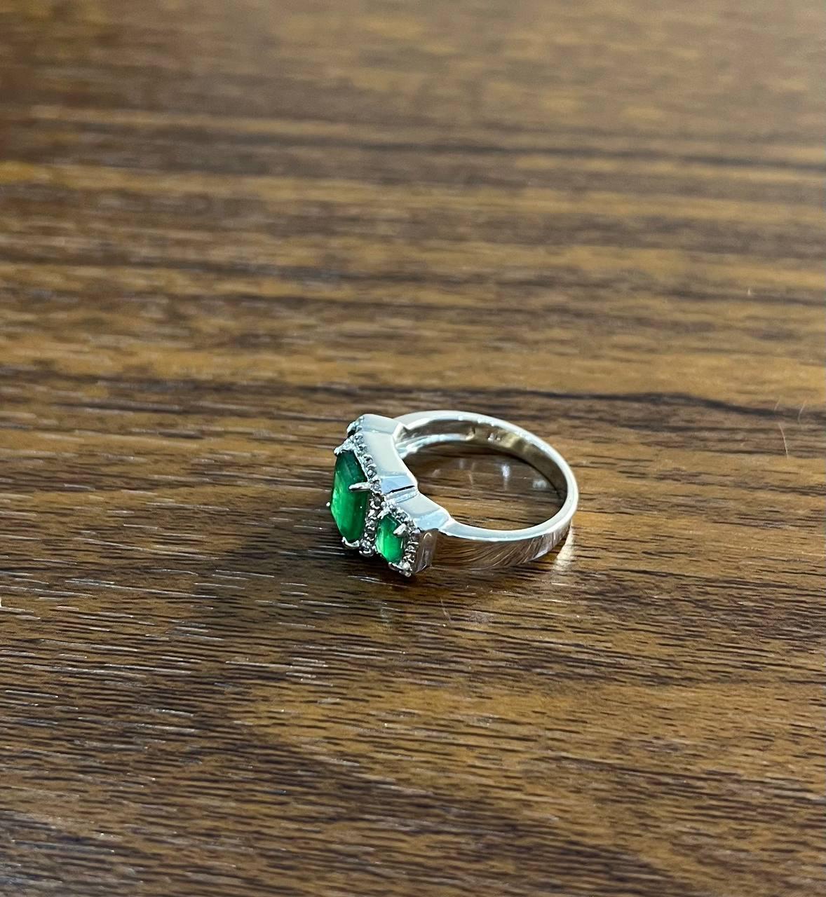 Three Stone Green Emerald & Diamond Halo 14K White Gold Classic Statement Ring For Sale 2