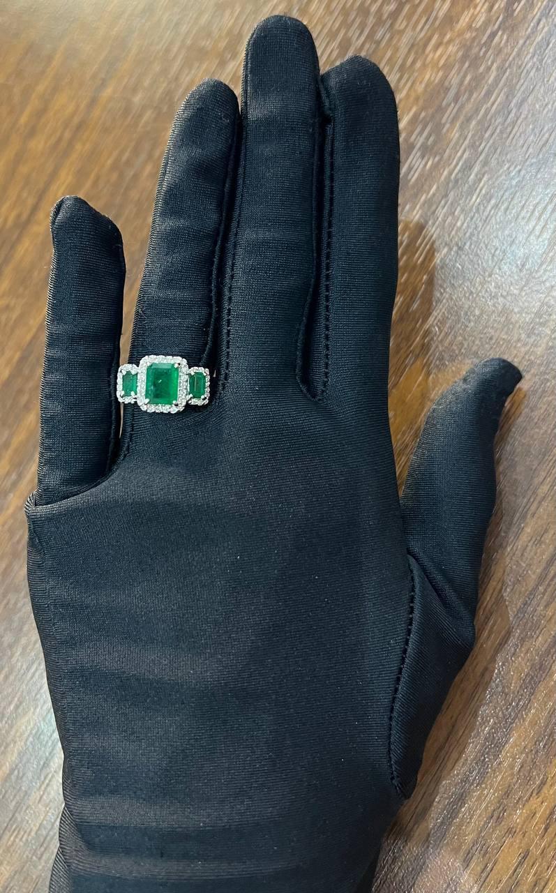 Three Stone Green Emerald & Diamond Halo 14K White Gold Classic Statement Ring For Sale 3