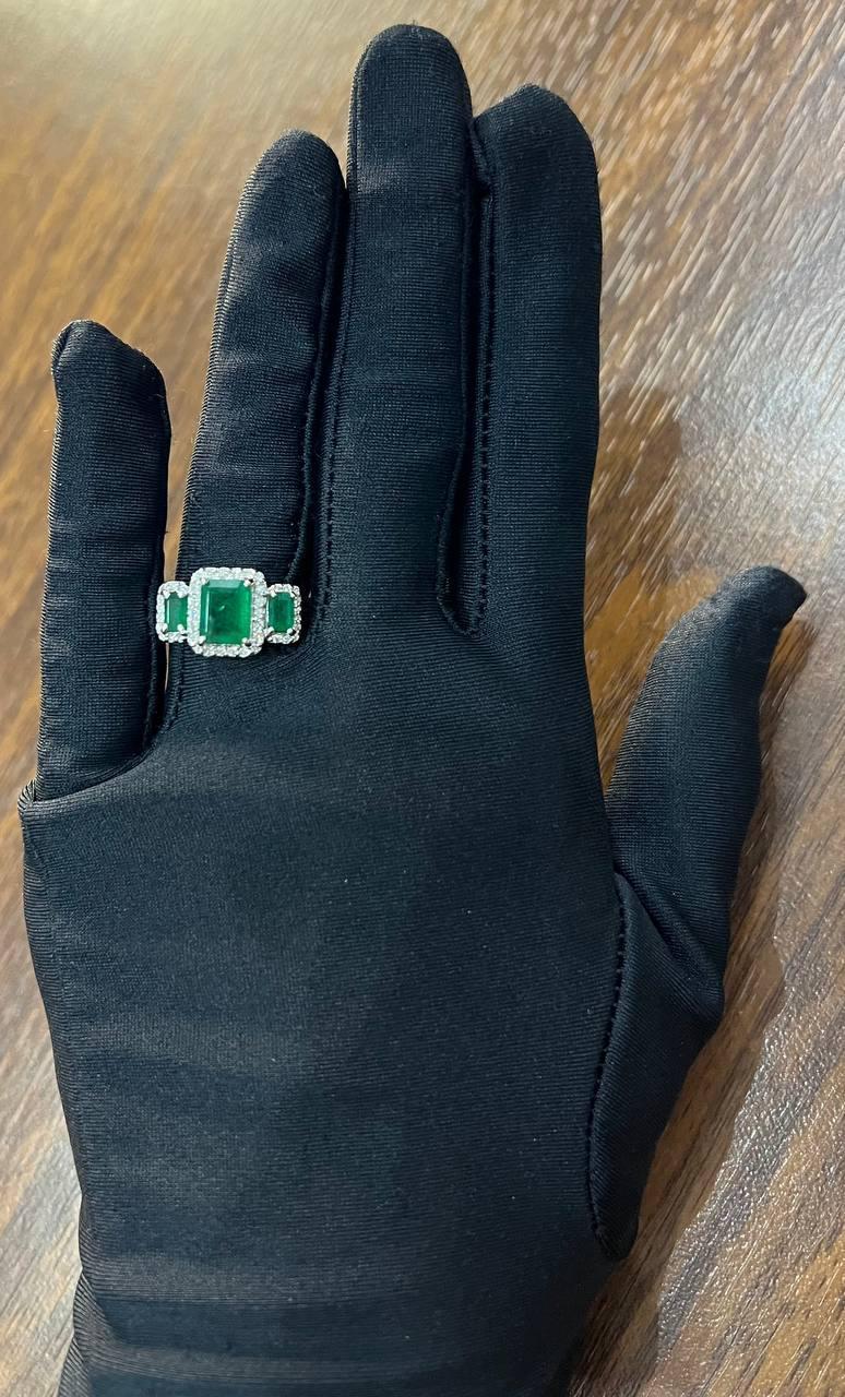 Three Stone Green Emerald & Diamond Halo 14K White Gold Classic Statement Ring For Sale 4