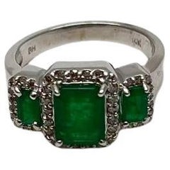 Three Stone Green Emerald & Diamond Halo 14K White Gold Classic Statement Ring