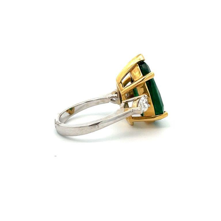 Heart Cut Three Stone Green Emerald & White Diamond Ring 7.49CT in 18K Two Tone Gold For Sale