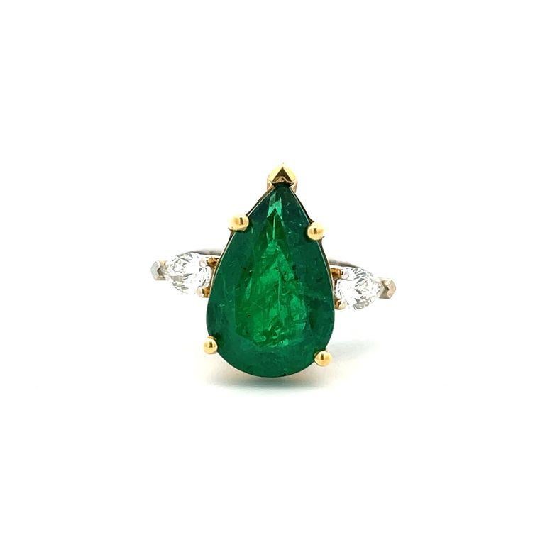 Three Stone Green Emerald & White Diamond Ring 7.49CT in 18K Two Tone Gold For Sale 2