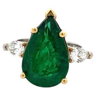 Three Stone Green Emerald & White Diamond Ring 7.49CT in 18K Two Tone Gold For Sale