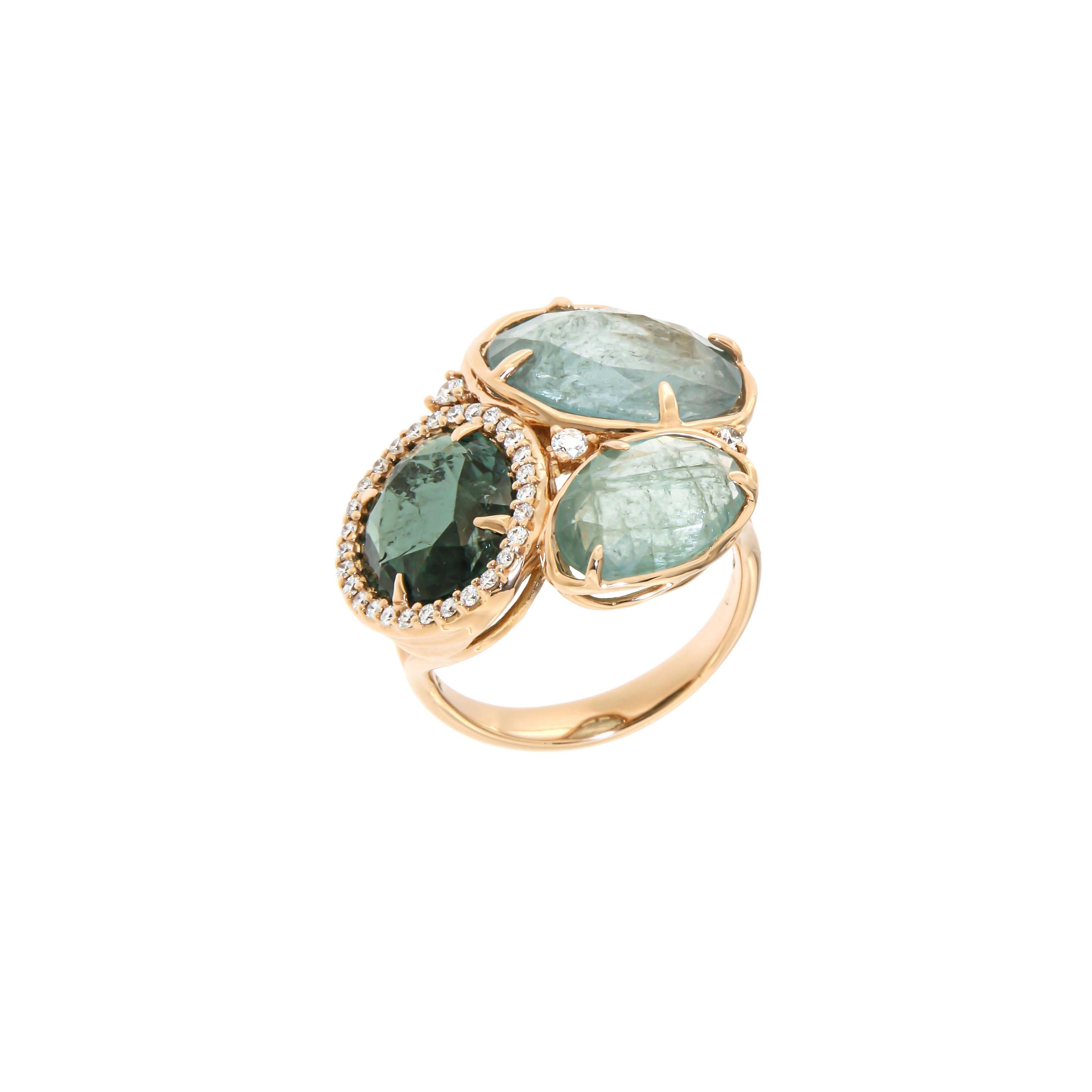 Three Stone Green Tourmaline 18k Diamonds Rose Gold Ring for Her For Sale