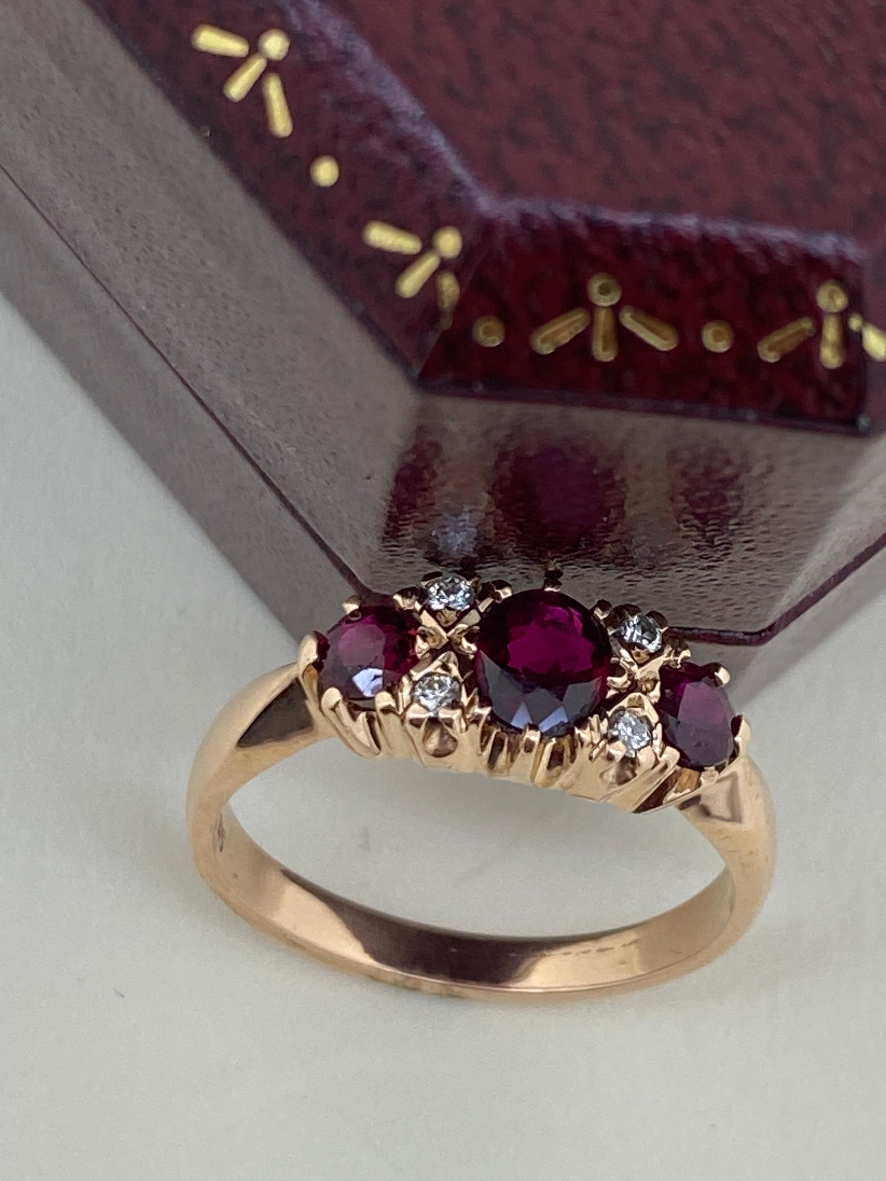Three-Stone Half Hoop 0.85ct Thai Ruby & Diamond Retro Ring in 9K Rose Gold. In Excellent Condition In MELBOURNE, AU