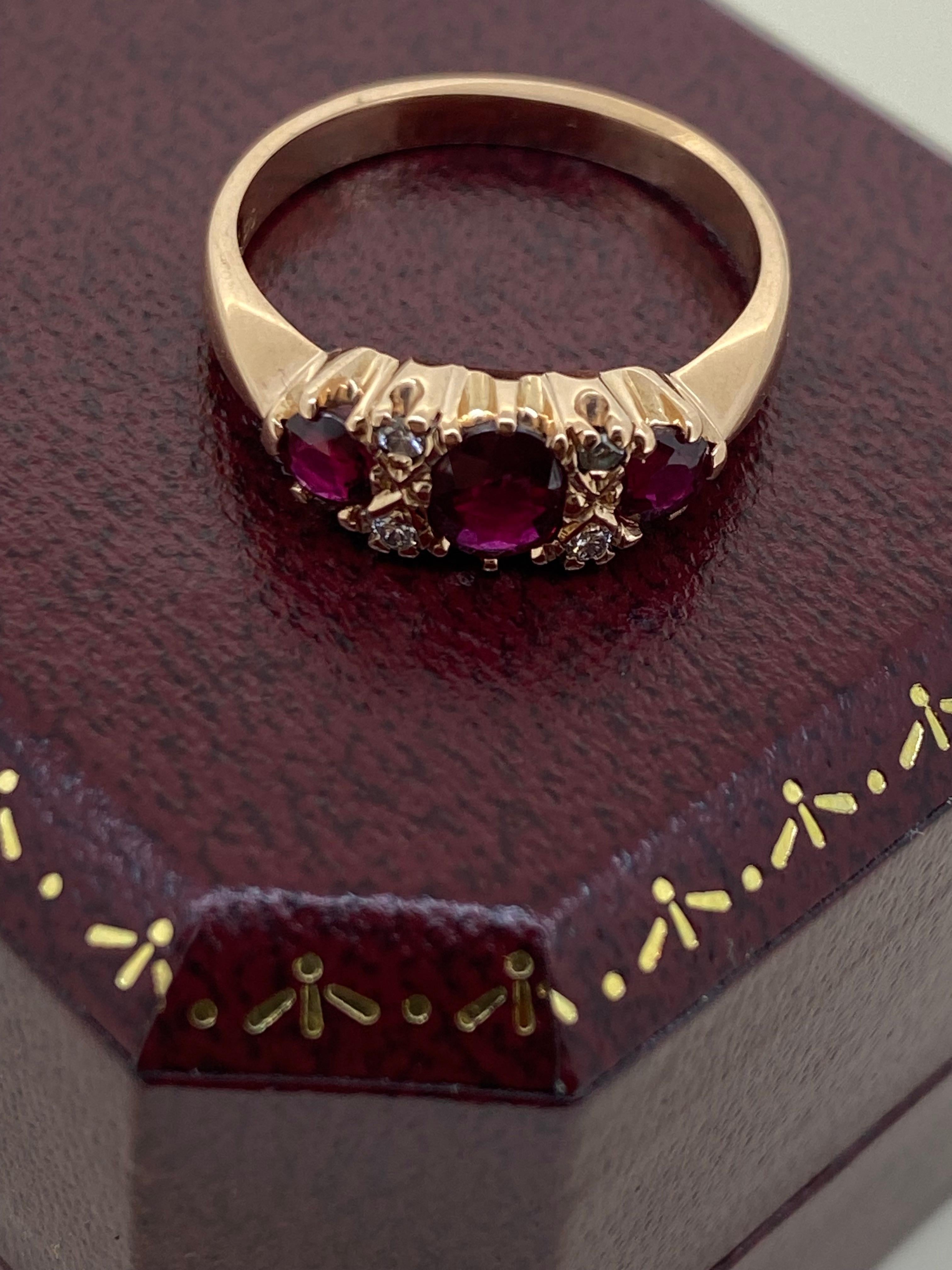 Three-Stone Half Hoop 0.85ct Thai Ruby & Diamond Retro Ring in 9K Rose Gold. 3