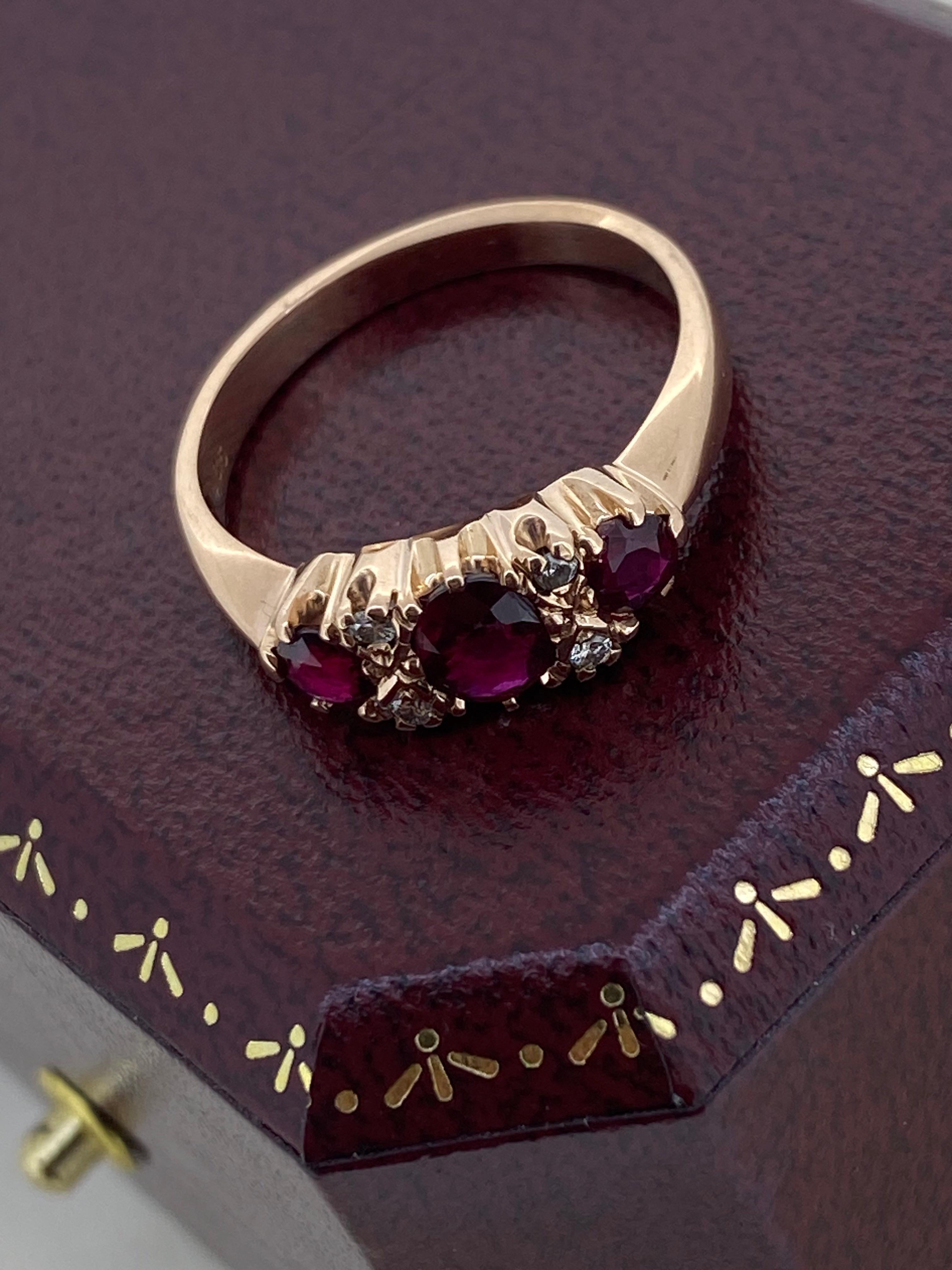 Three-Stone Half Hoop 0.85ct Thai Ruby & Diamond Retro Ring in 9K Rose Gold. 4