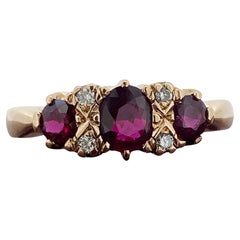 Three-Stone Half Hoop 0.85ct Thai Ruby & Diamond Retro Ring in 9K Rose Gold.