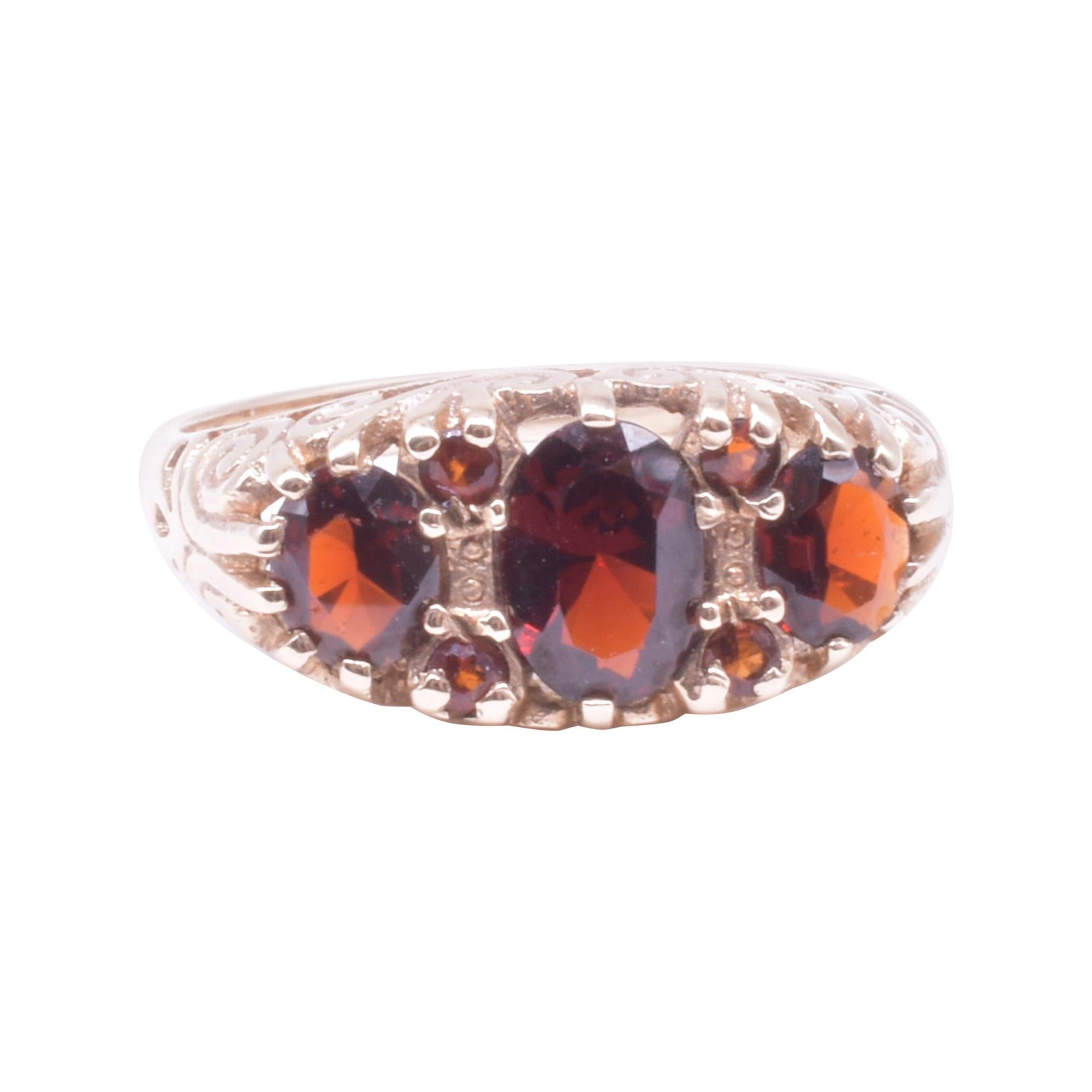 Victorian Style 3 Stone Half Hoop Hessonite Garnet Ring, HM B'ham, 1983