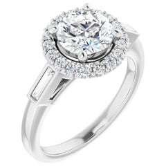 Three-Stone Halo GIA Round Brilliant and Baguette White Diamond Engagement Ring