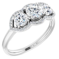 Three-Stone Halo Round Diamond Engagement Wedding Ring