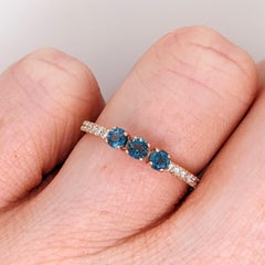 Three Stone London Topaz Ring with Earth Mined Diamonds Accents: Solid 14K Gold