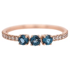 Three Stone London Topaz Ring with Earth Mined Diamonds Accents: Solid 14K Gold