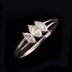 Three Stone Marquise Diamond 18K White Gold Statement Ring Fine Jewelry