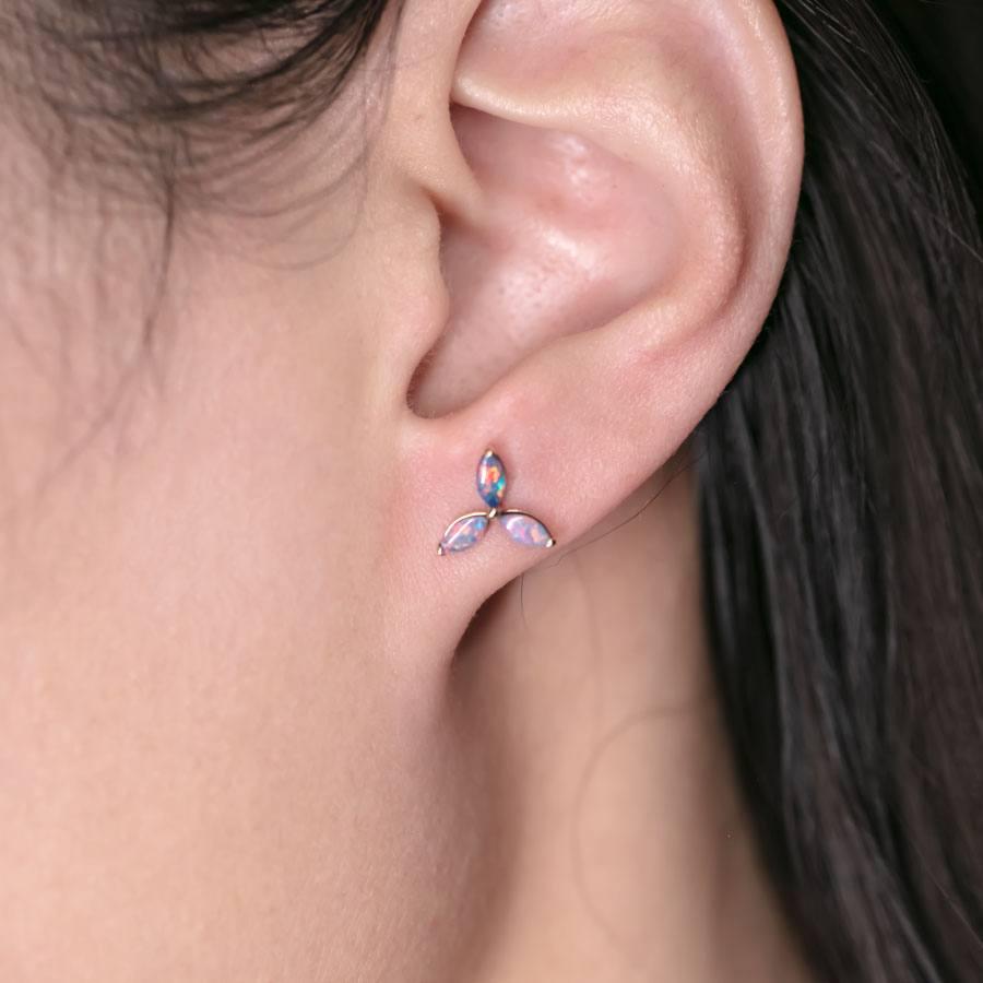 Arts and Crafts Three Stone Marquise Doublet Opal Stud Earrings 18K Yellow Gold For Sale
