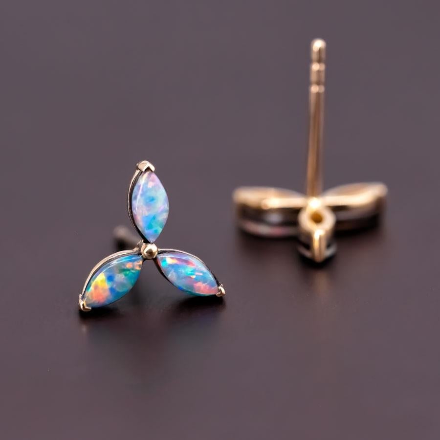 Marquise Cut Three Stone Marquise Doublet Opal Stud Earrings 18K Yellow Gold For Sale