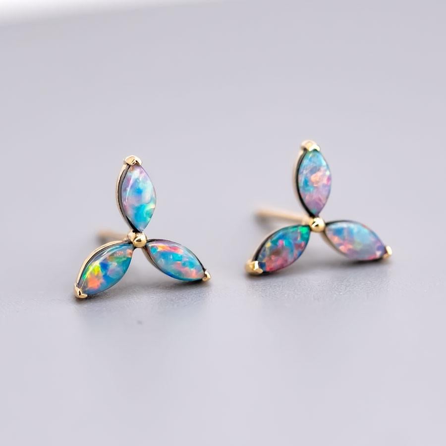 Three Stone Marquise Doublet Opal Stud Earrings 18K Yellow Gold In New Condition For Sale In Suwanee, GA