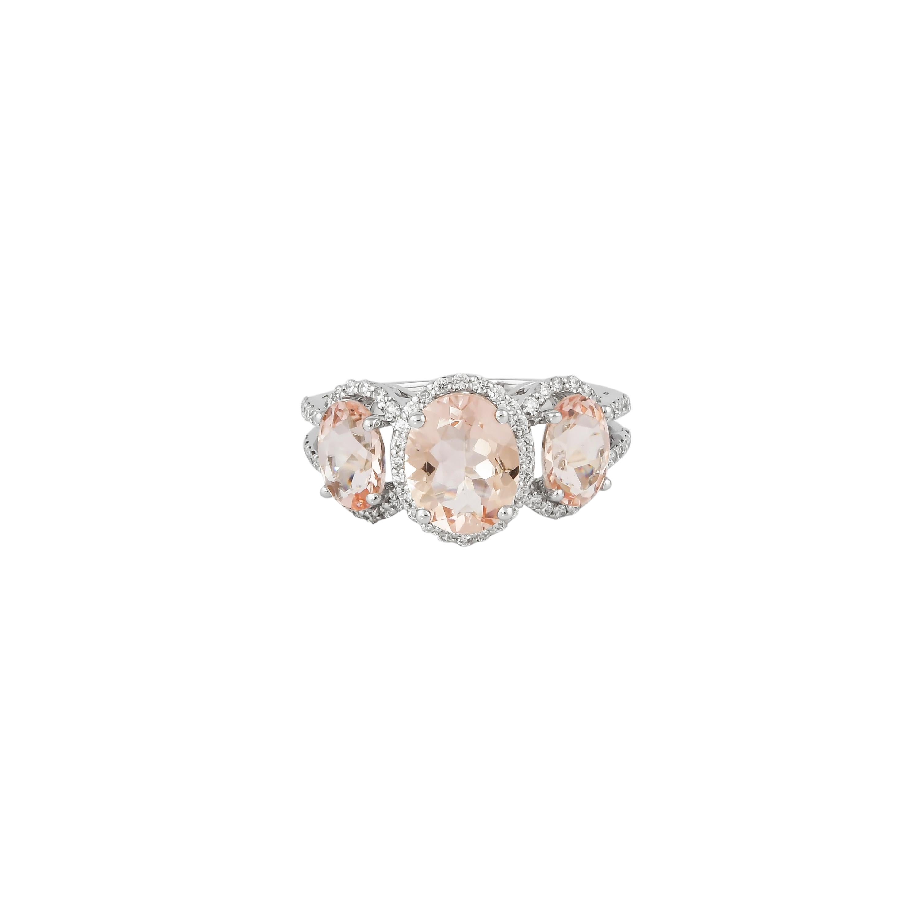 Contemporary Three Stone Morganite and Diamond Ring in 18 Karat Rose Gold For Sale