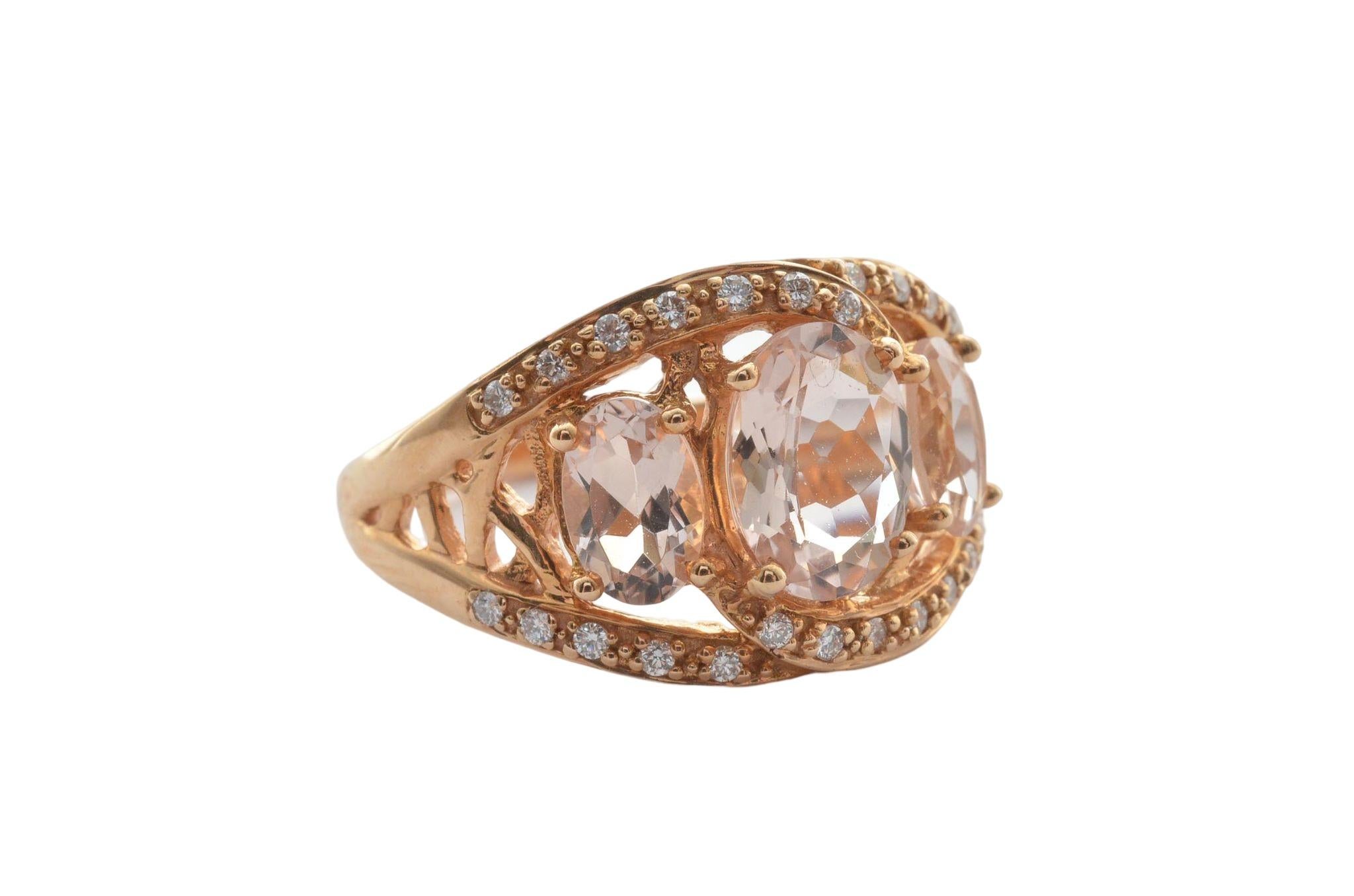 Contemporary Three Stone Morganite and Diamond Ring in 18 Karat Rose Gold For Sale