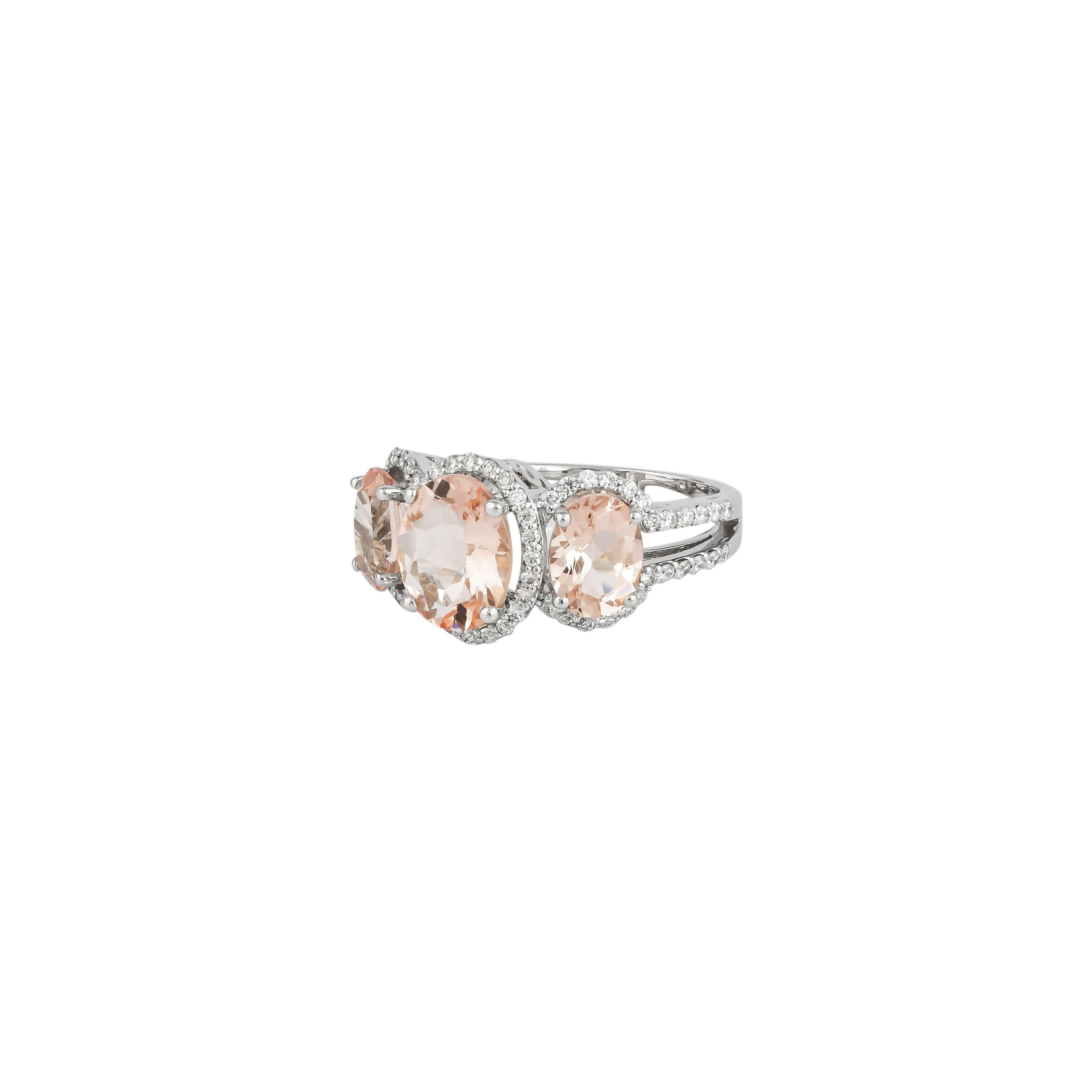 Oval Cut Three Stone Morganite and Diamond Ring in 18 Karat Rose Gold For Sale