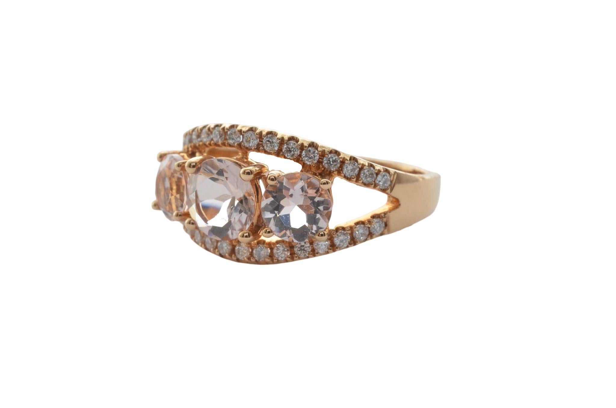 Sunita Nahata Three Stone Morganite 1.49ct. Fancy Ring in 18KRG with Diamond. In New Condition For Sale In Hong Kong, HK