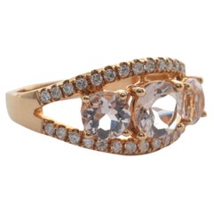 Three Stone Morganite and Diamond Ring in 18 Karat Rose Gold