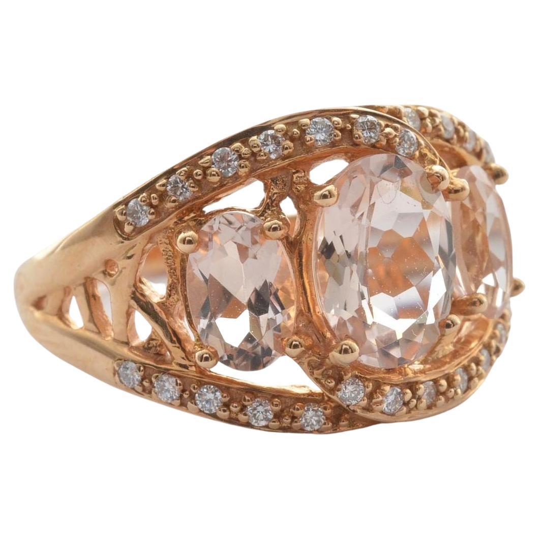Three Stone Morganite and Diamond Ring in 18 Karat Rose Gold For Sale