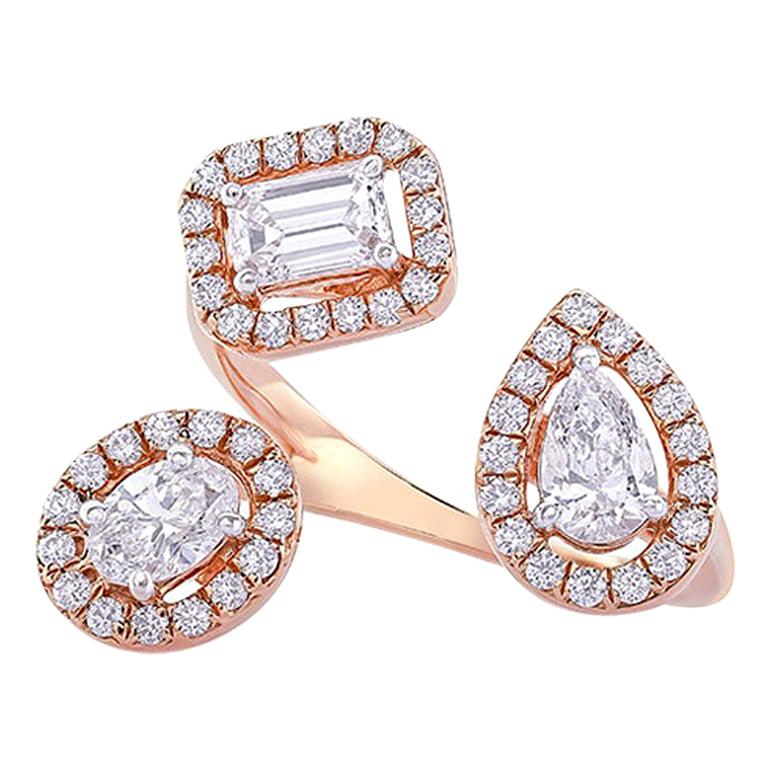 Bague à trois pierres en or rose 14 carats avec diamants de forme fantaisie multicolores de 1,03 carat