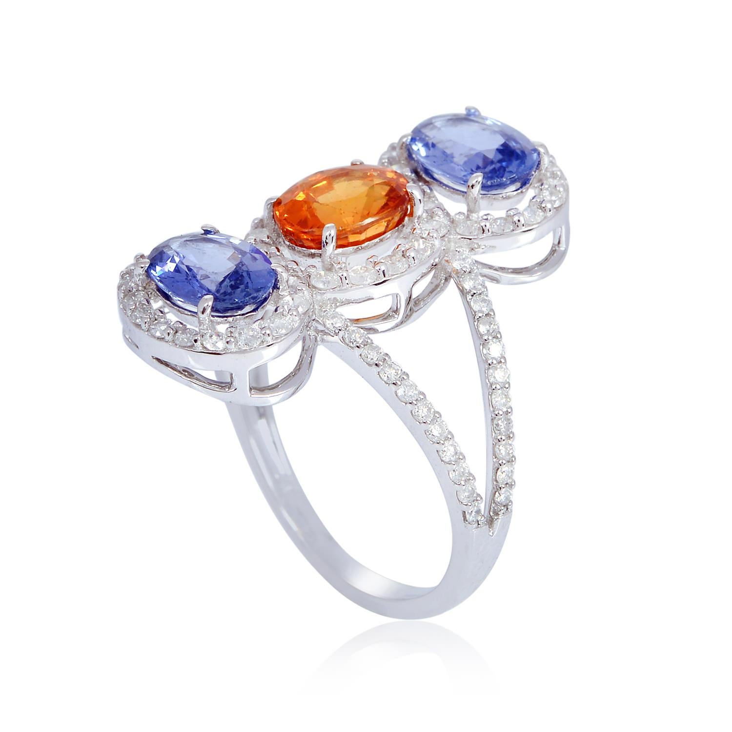 Contemporary Three Stone Multi Sapphire Long Ring Made In 18k White Gold & Silver For Sale