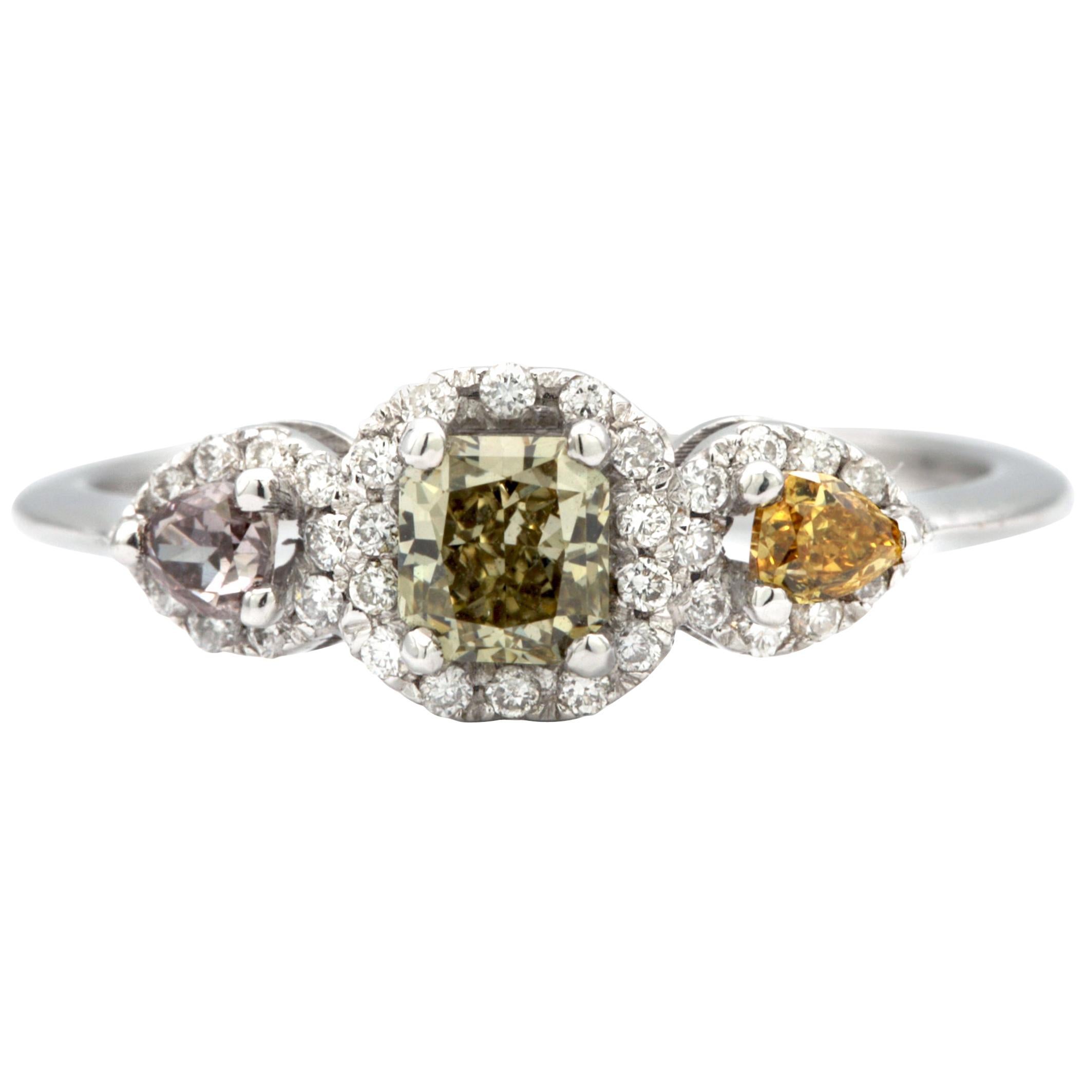 Three-Stone Multicolored 18 Karat White Gold Ring For Sale
