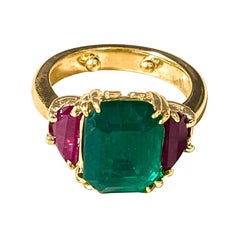 Three-Stone Natural 6 Ct Emerald and Ruby Engagement Ring in 14 Karat Gold