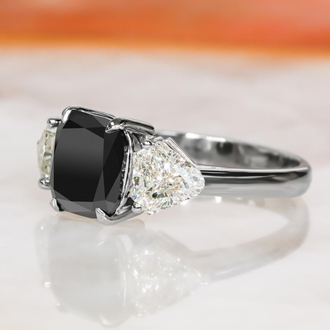 Women's Three Stone Natural Black Diamond Cushion Engagement Ring - 2.35 Ct For Sale