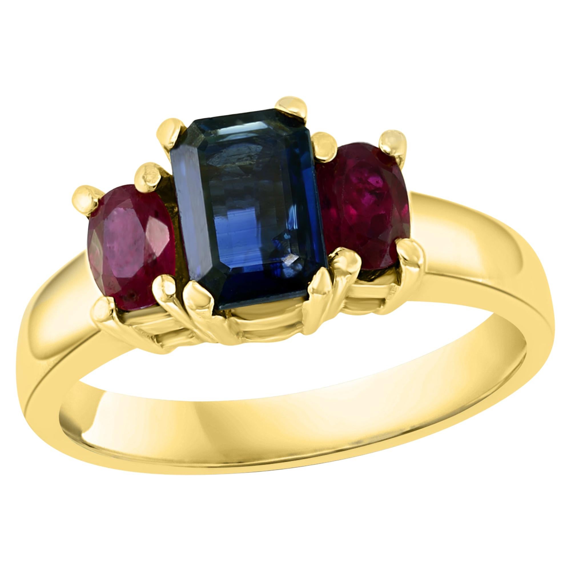 Three-Stone Natural Blue Sapphire and Ruby Engagement Ring in 14 Karat Gold