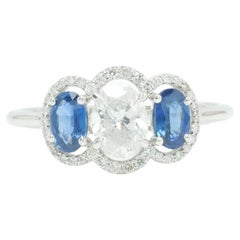 Three Stone Natural Oval Sapphire & Diamond Ring in 14K Solid Gold (Certified)