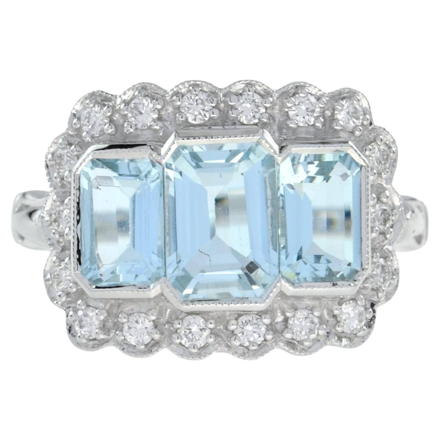 Bague à trois pierres en forme d'octogone, taille émeraude, aigue-marine bleue, diamant, halo en platine en vente