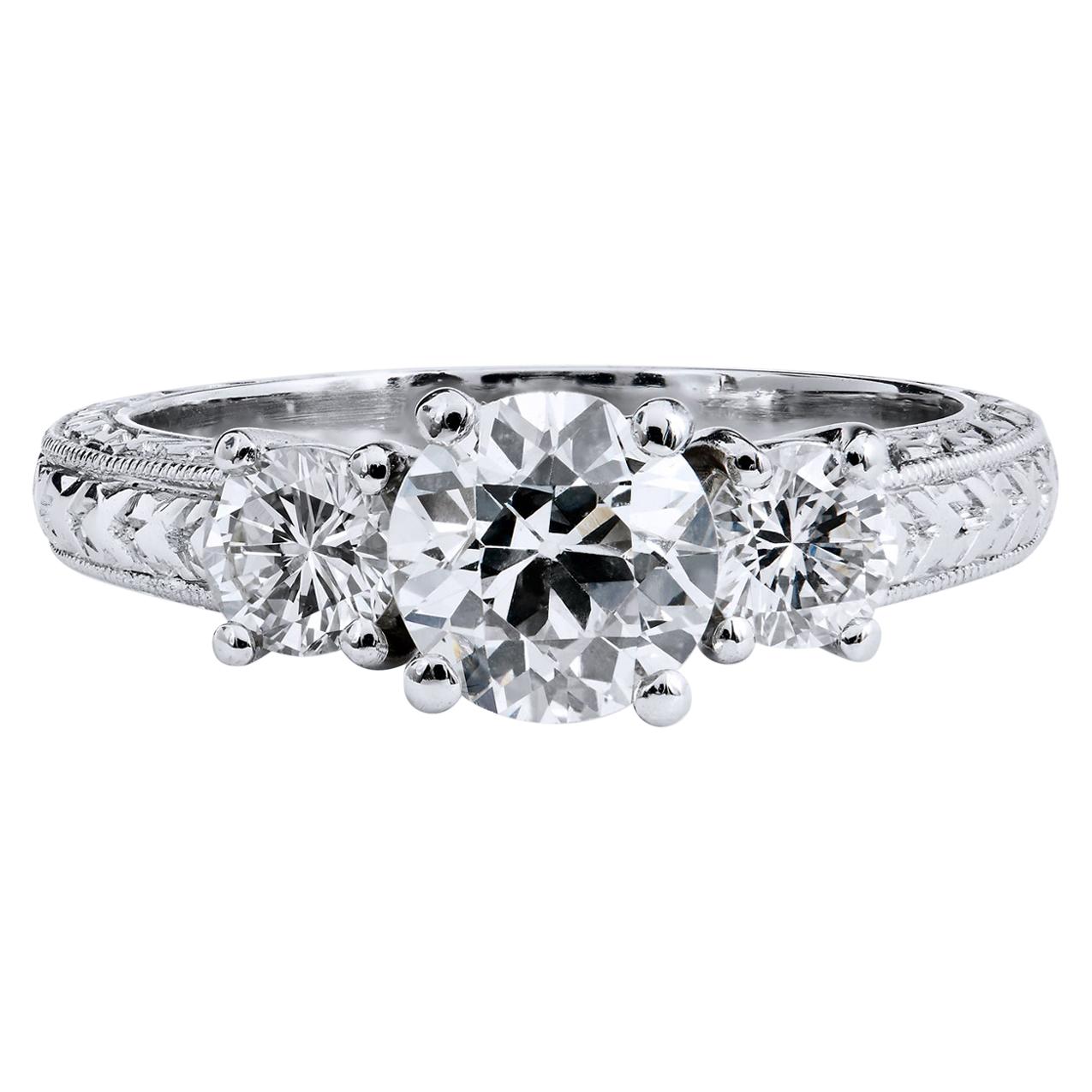GIA Certified Three-Stone Old European Cut Diamond Engagement Ring