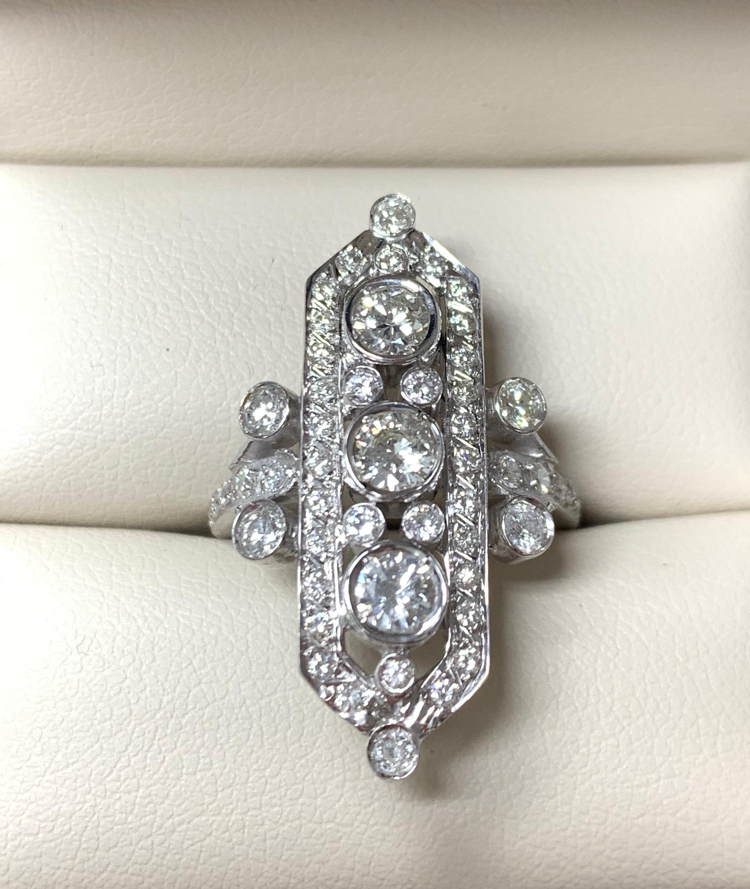 Three-Stone Old European Cut Diamond Ring in 14 Karat White Gold In Excellent Condition For Sale In New York, NY