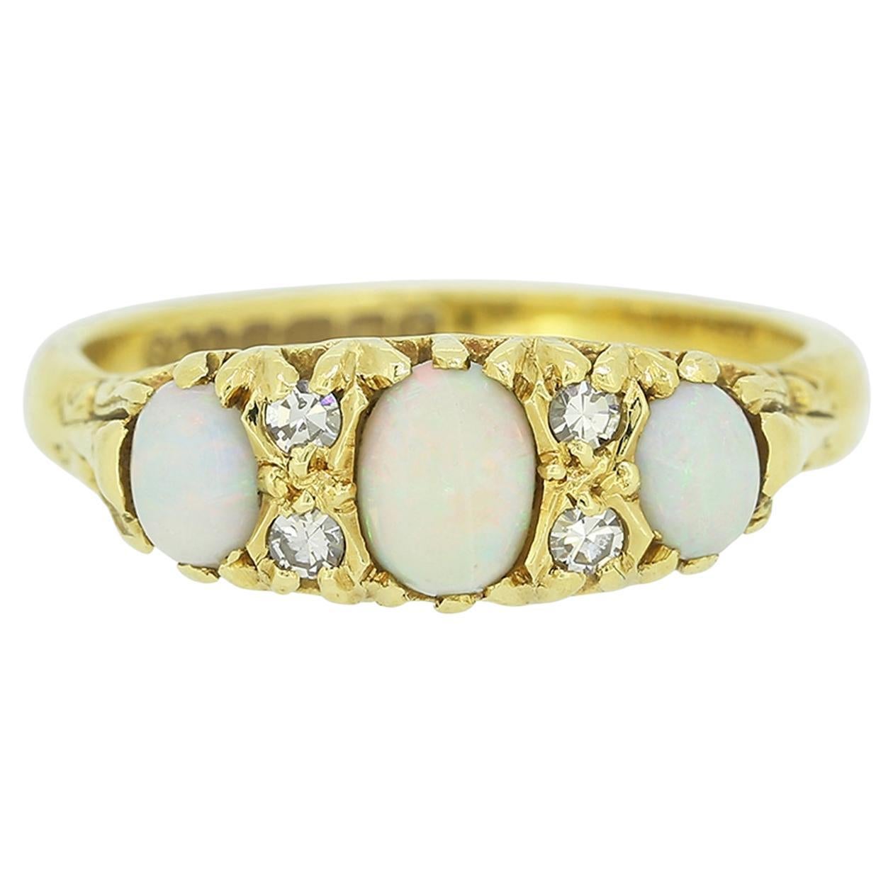 Three Stone Opal and Diamond Ring For Sale