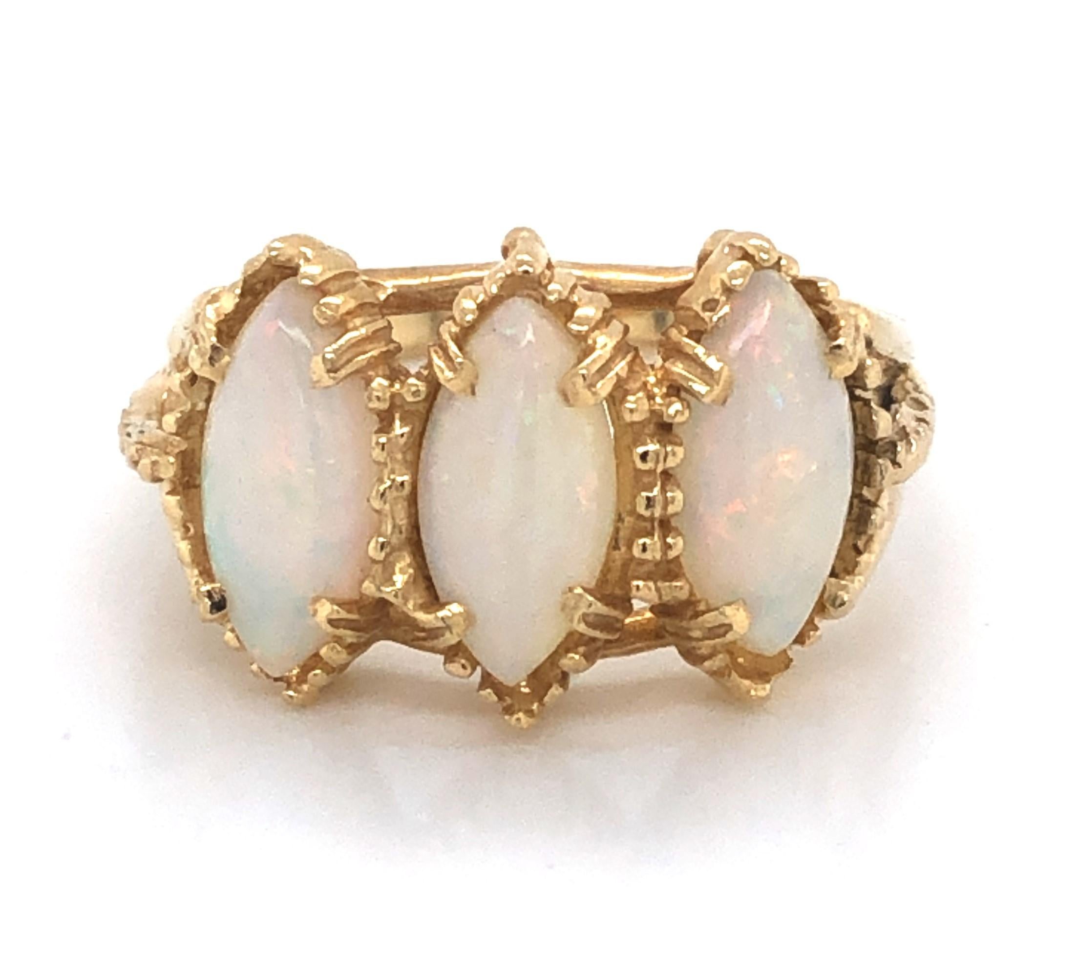 Three-Stone Opal Marquise Yellow Gold Ring In Excellent Condition In Mount Kisco, NY