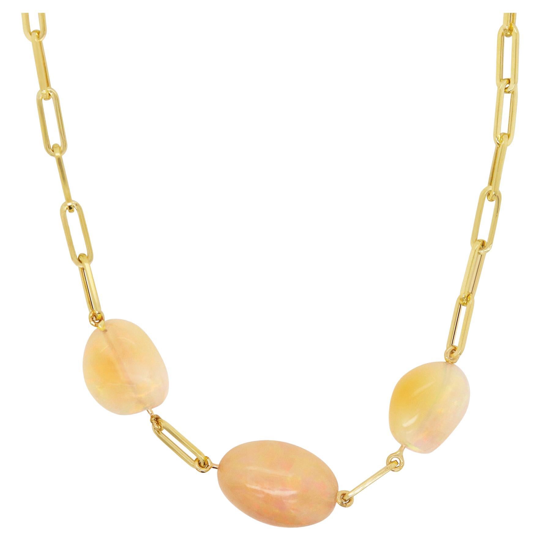 Three Stone Opal Paperclip Link Chain Necklace 14k Italian Yellow Gold