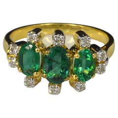 Three stone Oval Cut Emerald Engagement Ring, Emerald Statement Ring