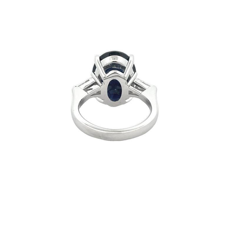 Oval Cut Three Stone Oval Sapphire 8.35CT & Baguette Diamond 0.70CT Ring 18K White Gold For Sale
